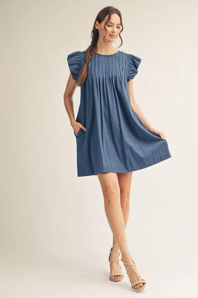 Pleated Flutter Sleeve Denim Dress