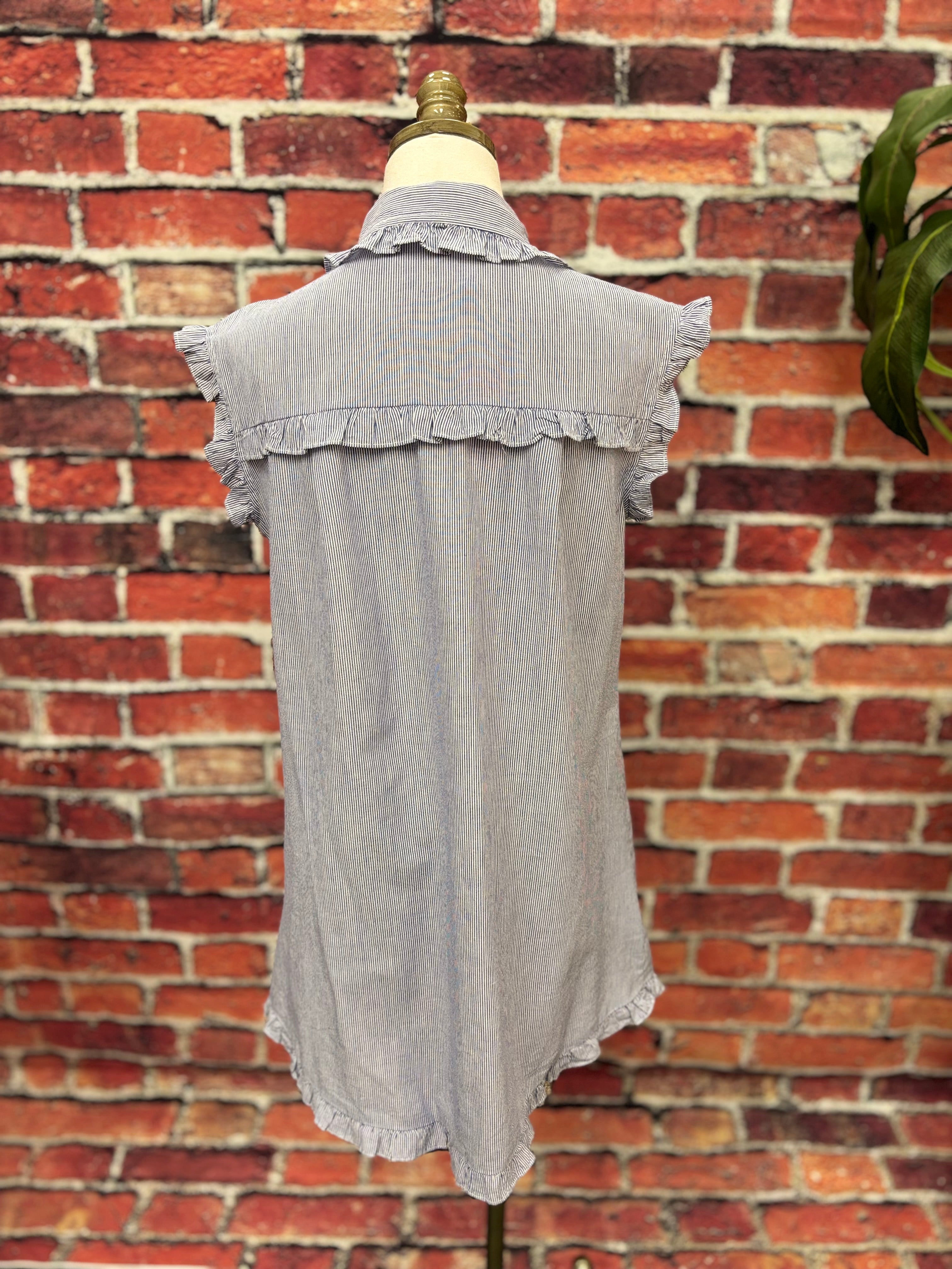 Blue & White Ruffle Button-Down Shirt Dress