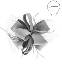 Load image into Gallery viewer, Feather Loop Bow Sinamay Fascinator
