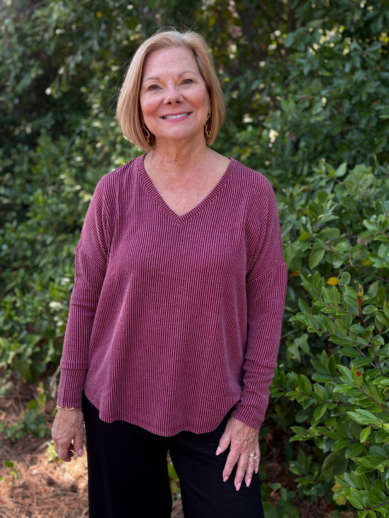 Wave Rib V-Neck Long Sleeve Top