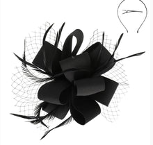 Load image into Gallery viewer, Feather Loop Bow Sinamay Fascinator

