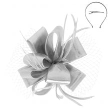 Load image into Gallery viewer, Feather Loop Bow Sinamay Fascinator
