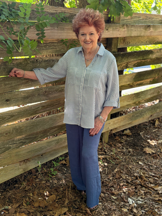 Coastal Stripe Button-Down Blouse