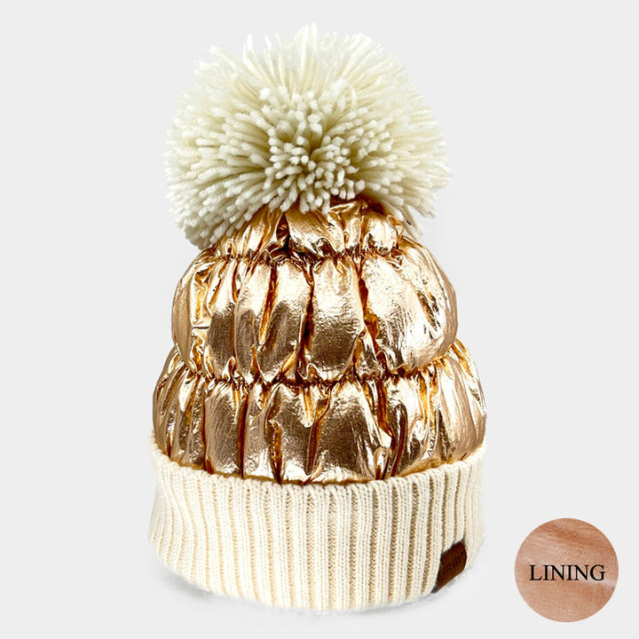 Knit Top Metallic Puffer Beanie