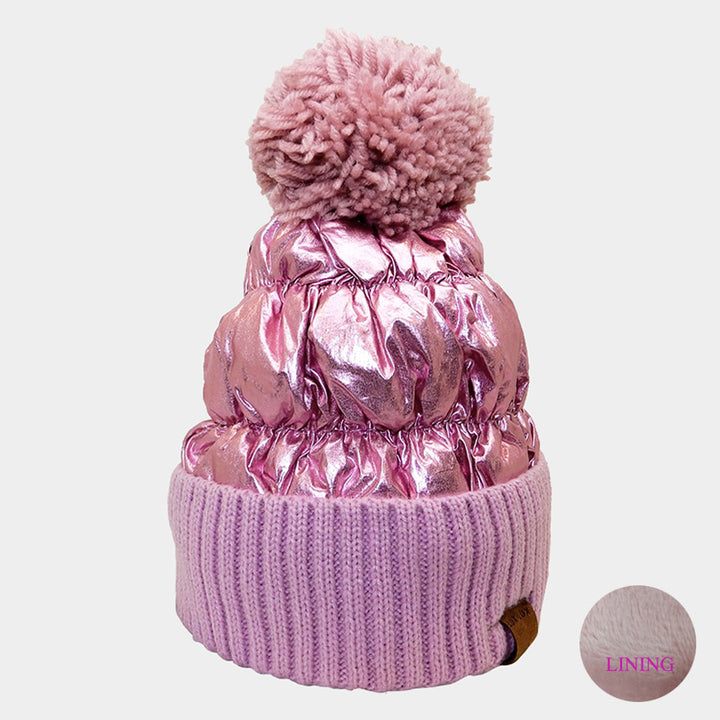 Knit Top Metallic Puffer Beanie