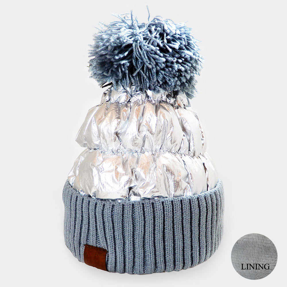 Knit Top Metallic Puffer Beanie