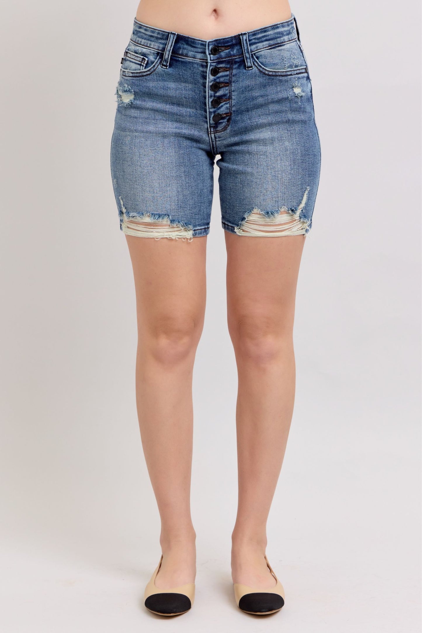 Judy Blue Button Fly Mid LengthShorts with Destroy *FINAL SALE*