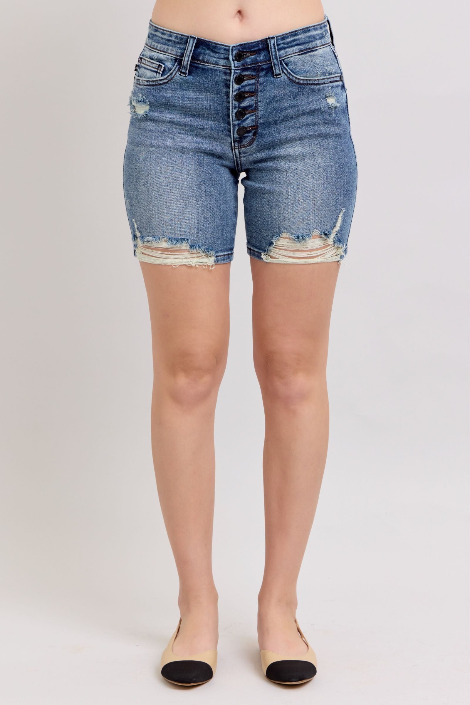 Judy Blue Button Fly Mid LengthShorts with Destroy *FINAL SALE*