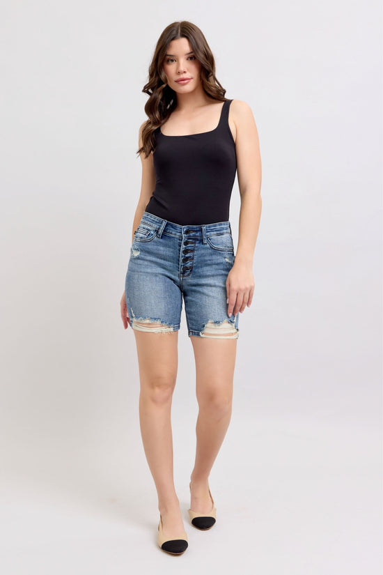 Judy Blue Button Fly Mid LengthShorts with Destroy *FINAL SALE*