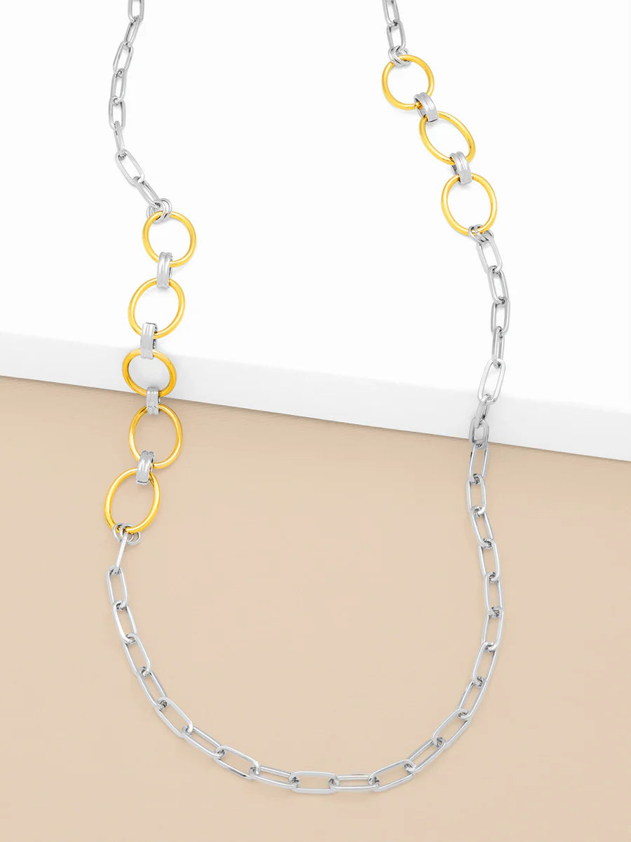 Two Toned Oval And Paperclip Link Long Necklace