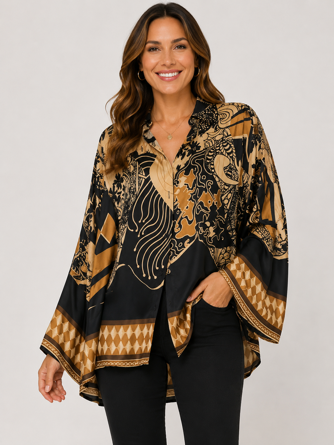 Diamond Printed Button Blouse