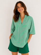 Load image into Gallery viewer, Green &amp; White Striped Notch-Neck Blouse
