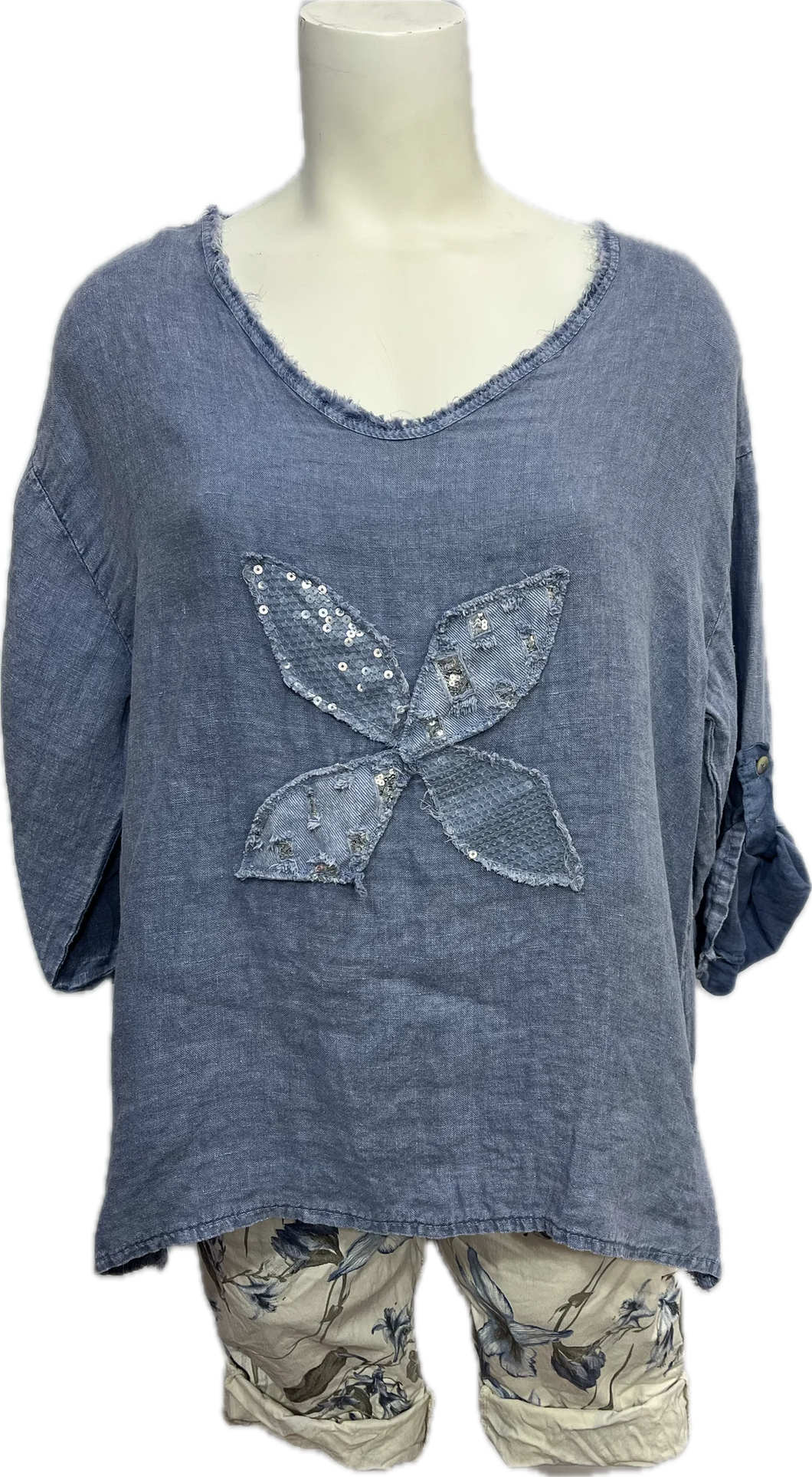Linen Ruffled Sequin V-Neck Top