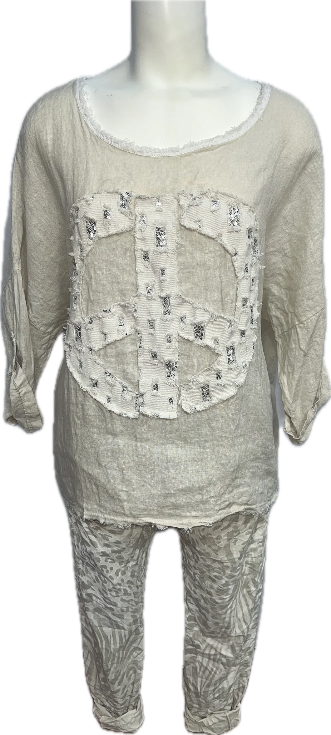 Linen Fringe Sequin Peace Top