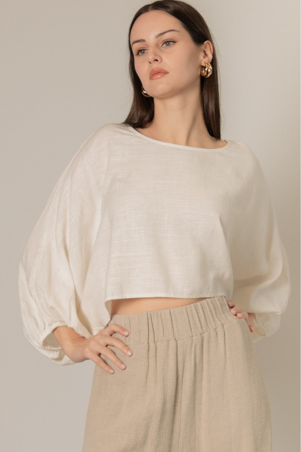 Linen Cropped Long Sleeve Top