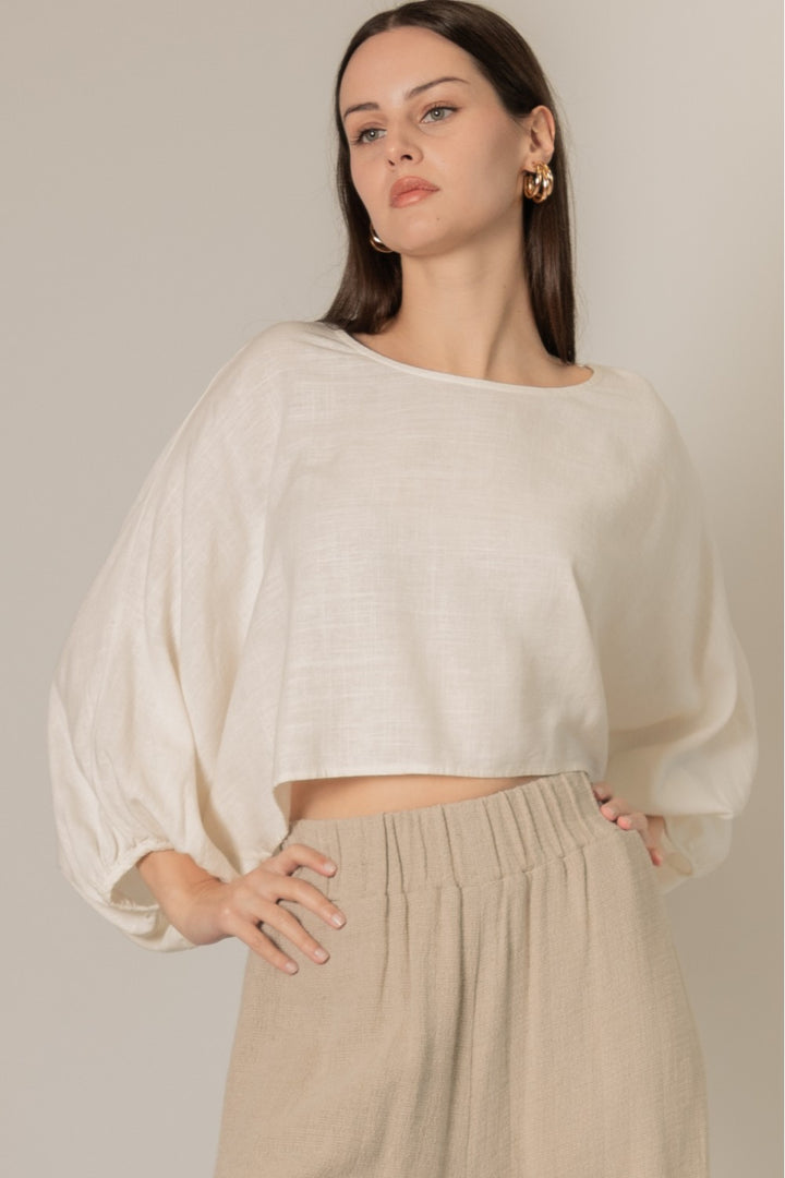 Linen Cropped Long Sleeve Top