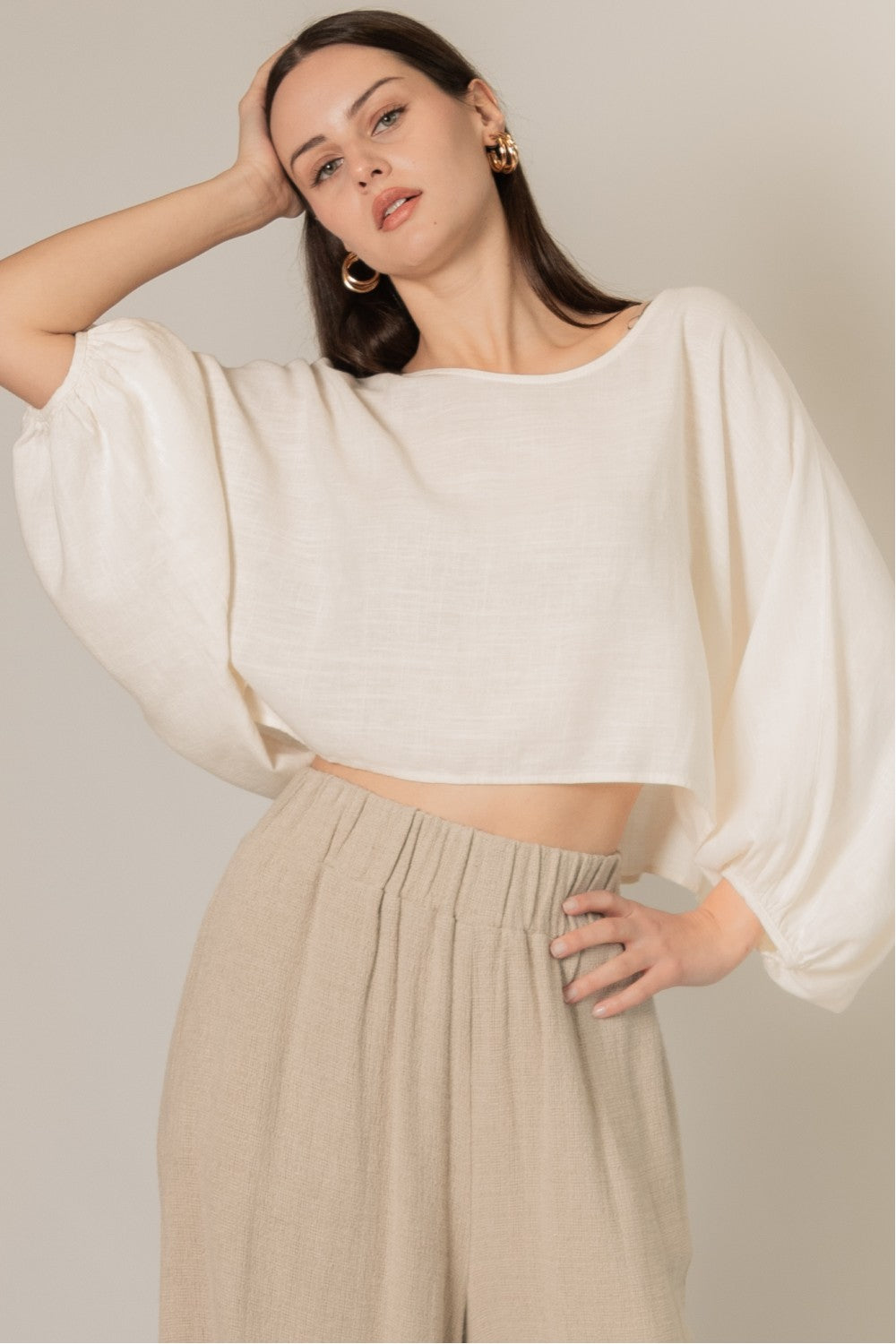 Linen Cropped Long Sleeve Top