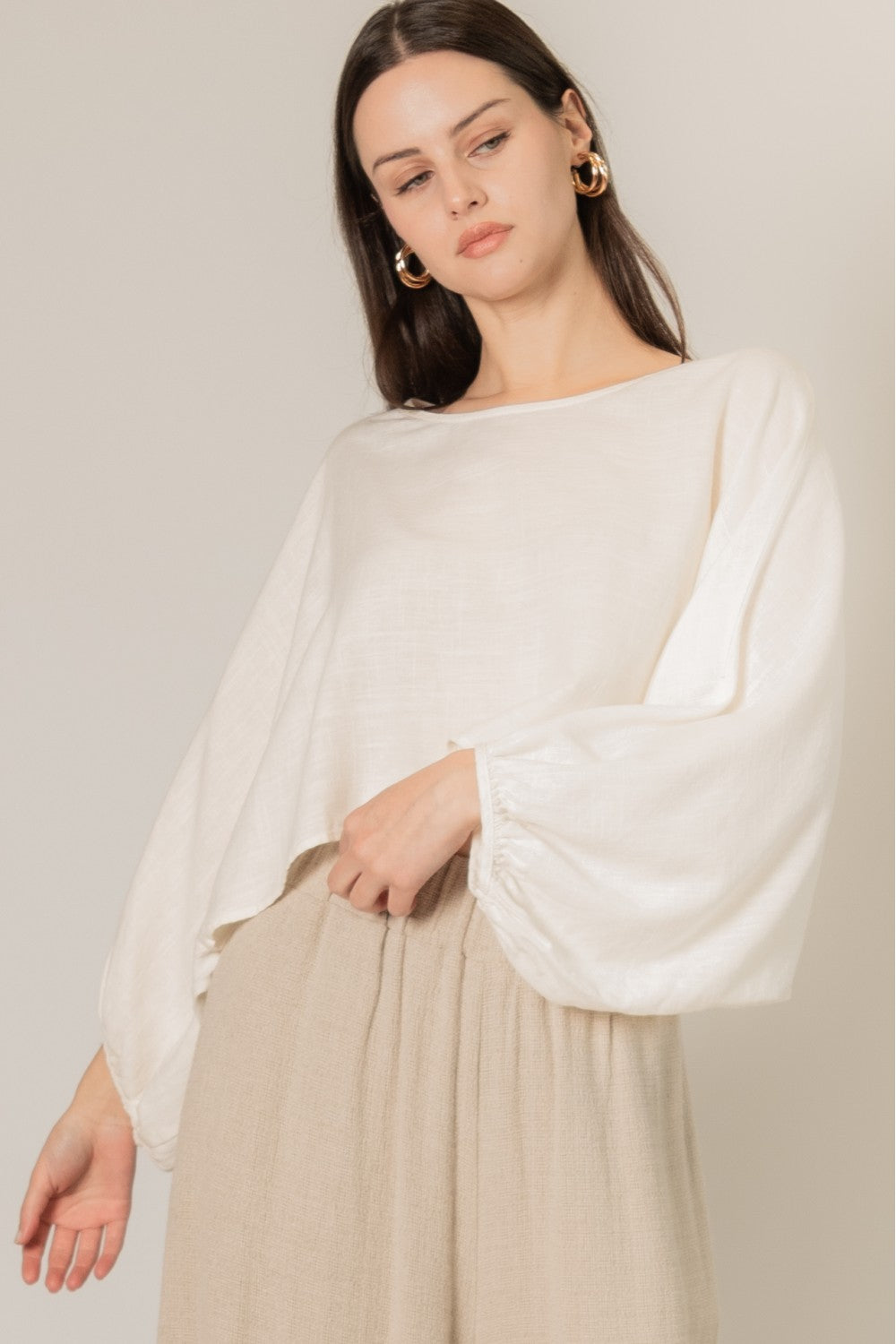 Linen Cropped Long Sleeve Top