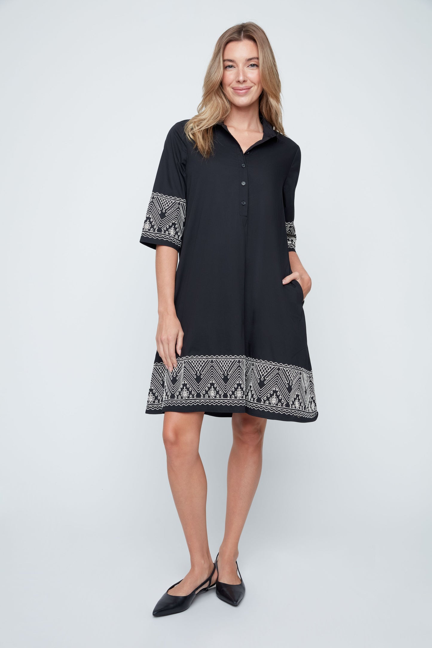 Midnight Charm Embroidered Shirt Dress