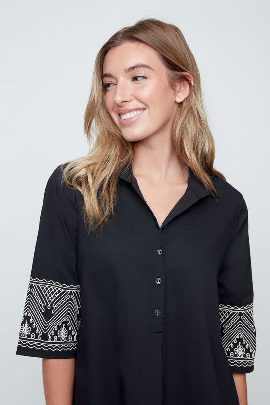 Midnight Charm Embroidered Shirt Dress
