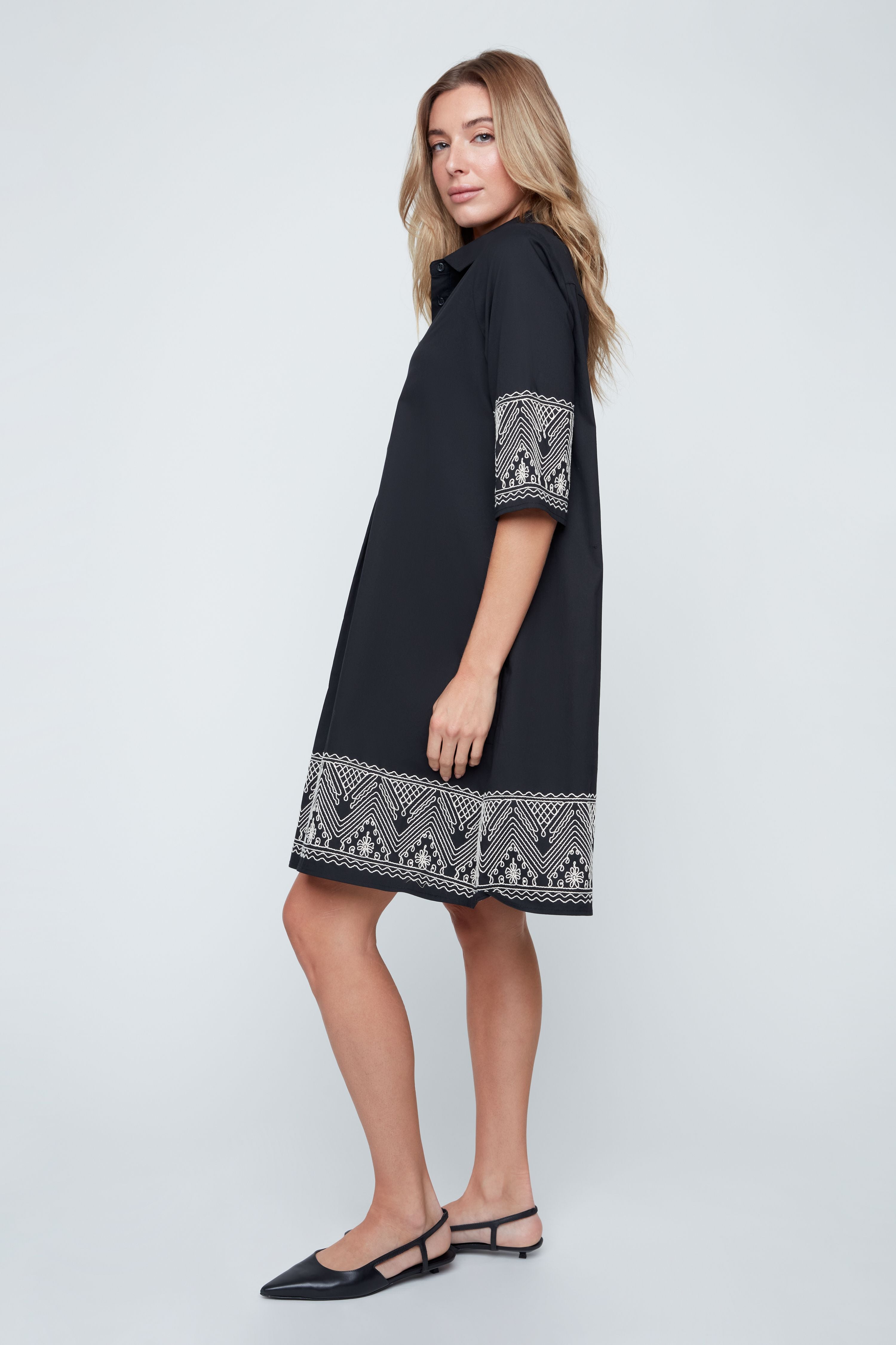 Midnight Charm Embroidered Shirt Dress