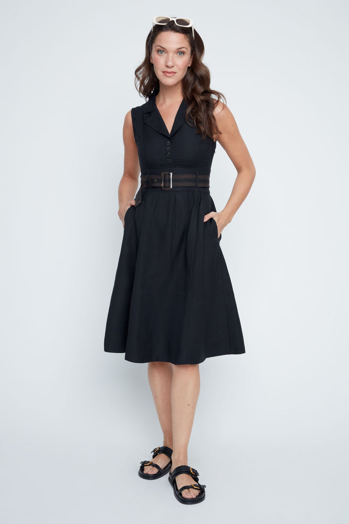Midnight Elegance Belted Linen Dress