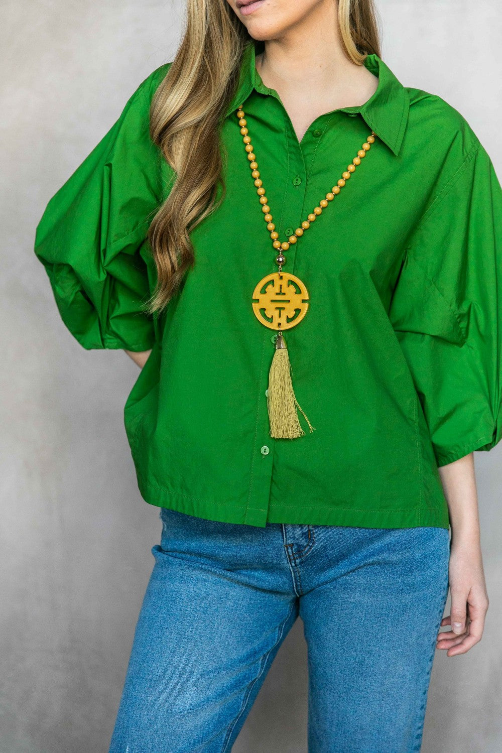 Poplin Bishop Sleeve Button Up Blouse