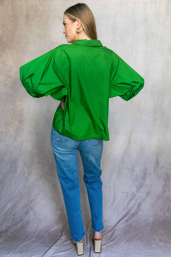 Poplin Bishop Sleeve Button Up Blouse