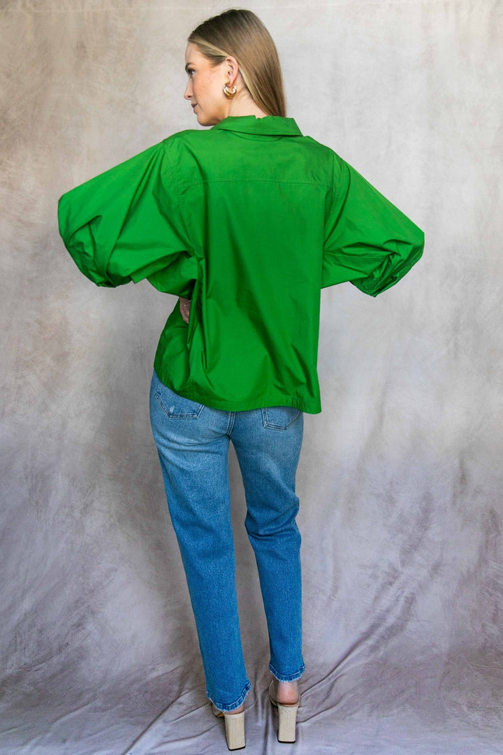 Poplin Bishop Sleeve Button Up Blouse