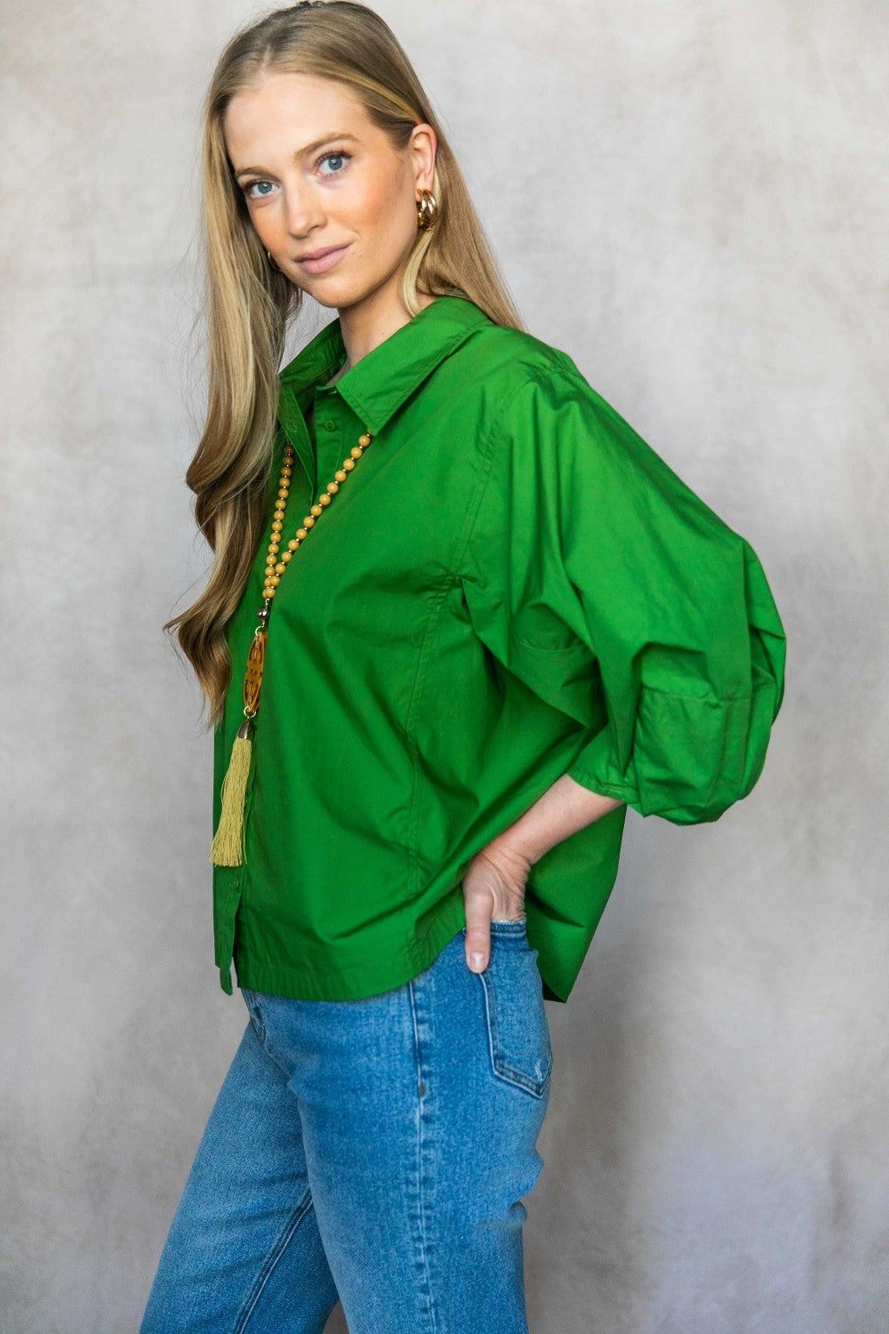Poplin Bishop Sleeve Button Up Blouse