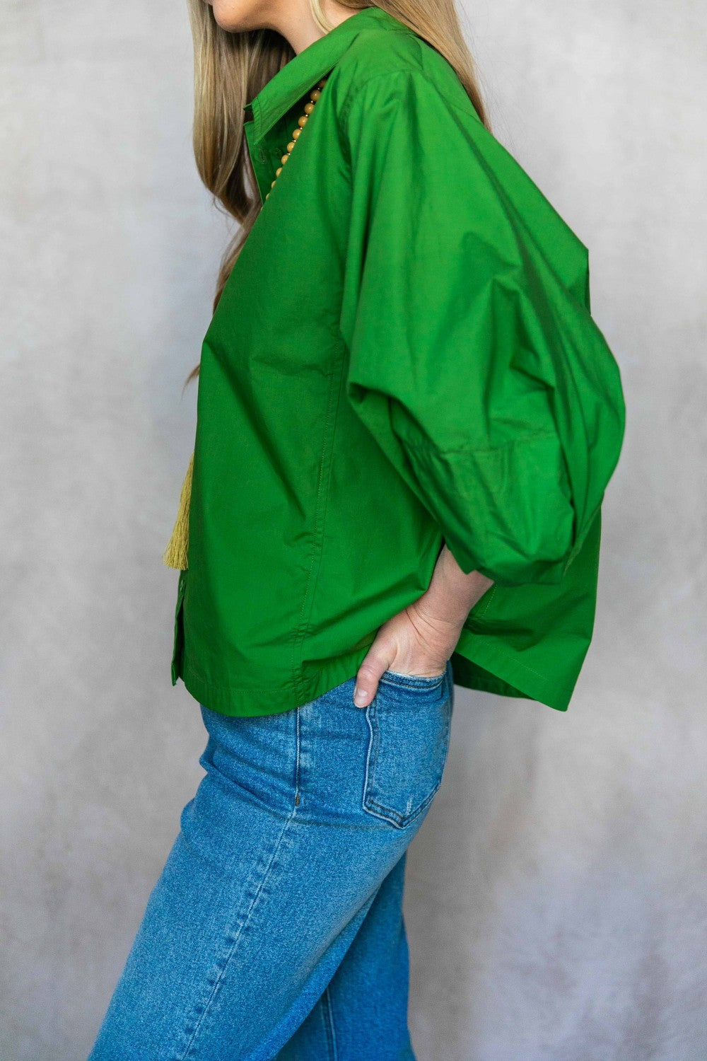 Poplin Bishop Sleeve Button Up Blouse