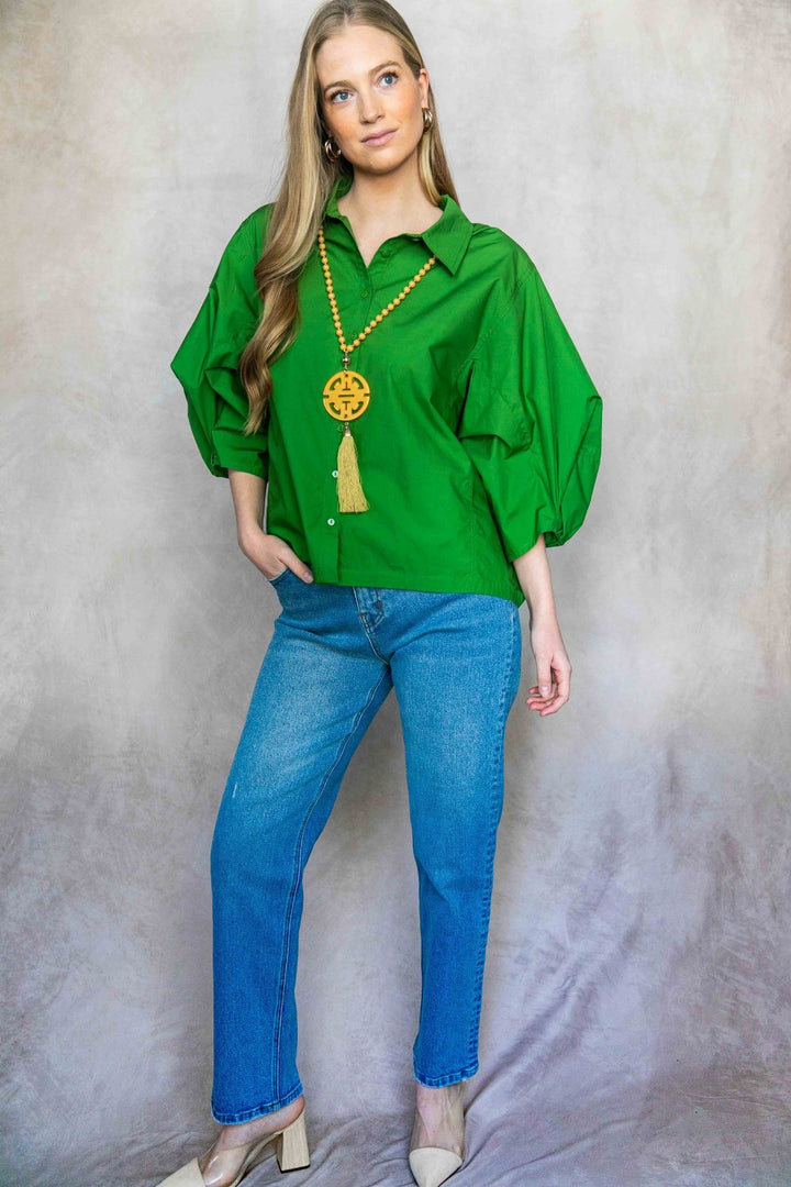 Poplin Bishop Sleeve Button Up Blouse