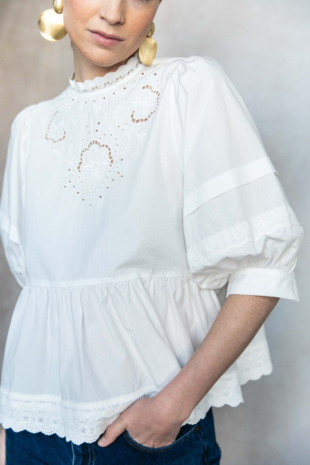 Eyelet Balloon Sleeve Blouse