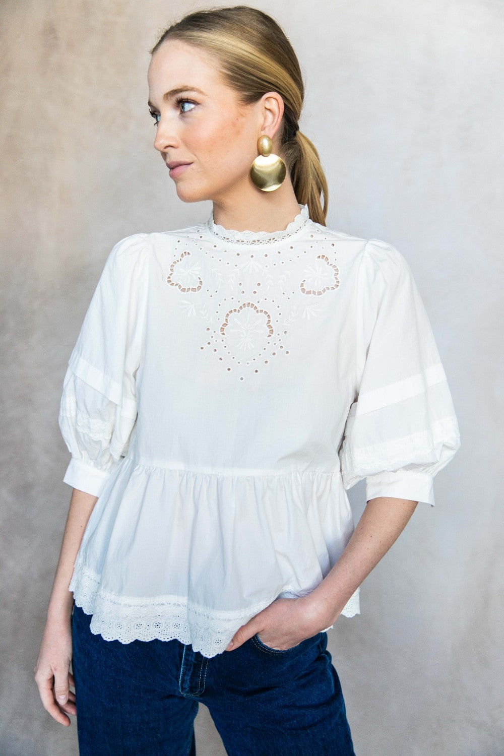 Eyelet Balloon Sleeve Blouse