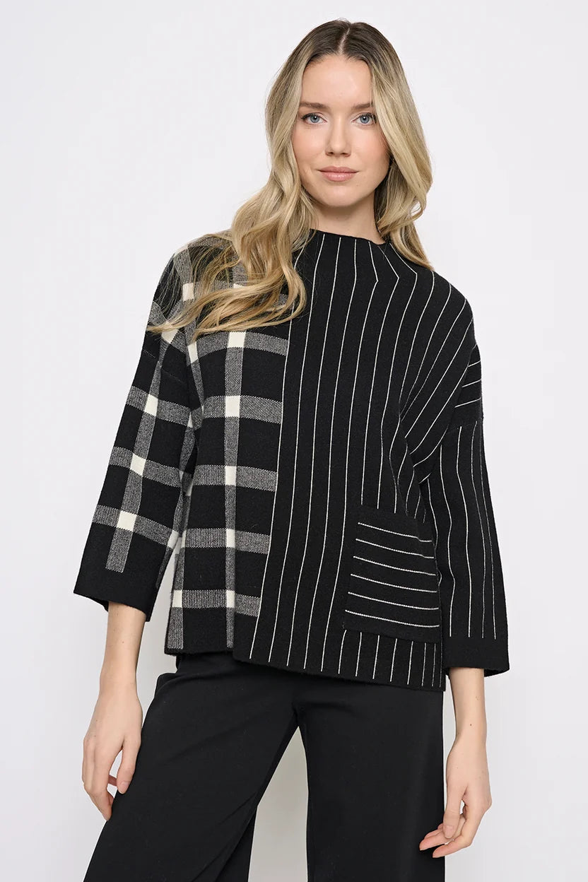 Plaid Stripe Funnel Neck Top
