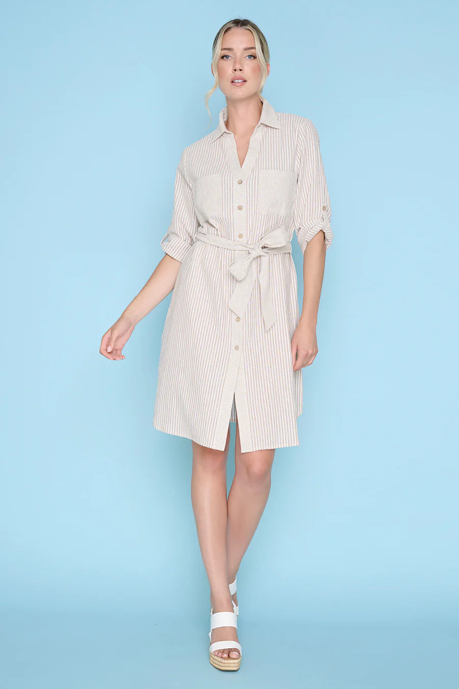 3/4 Sleeves Button-Front Belted Dress