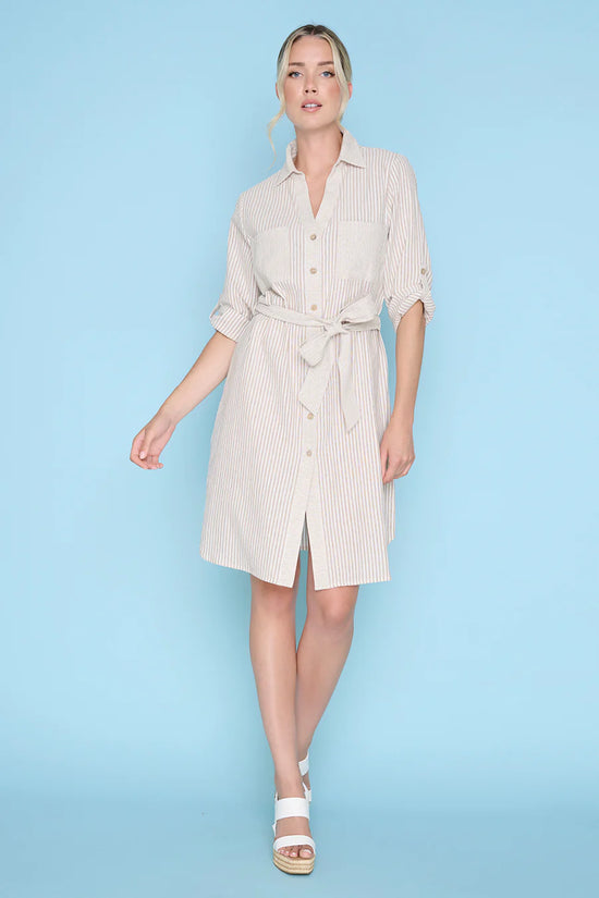 3/4 Sleeves Button-Front Belted Dress