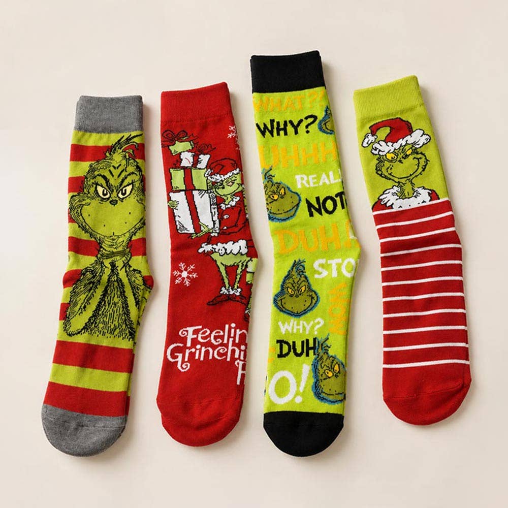 4Pairs - Holiday Grinch Character Printed Christmas Bundle Gift Socks Set