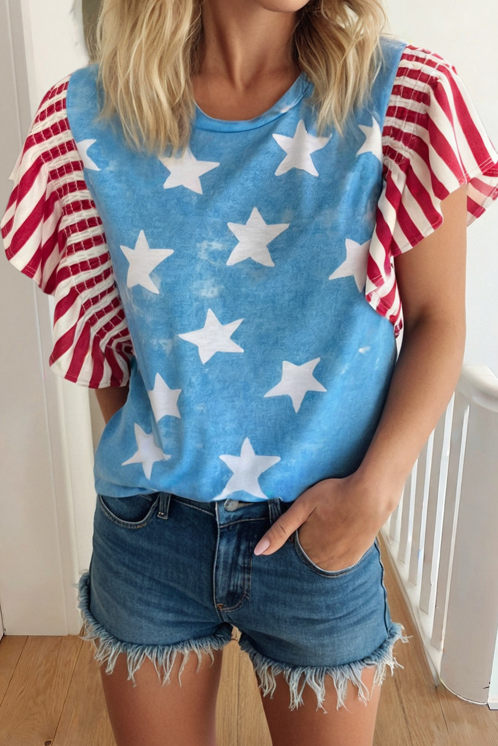 Independence Day Star & Stripe Ruffle Sleeve Top