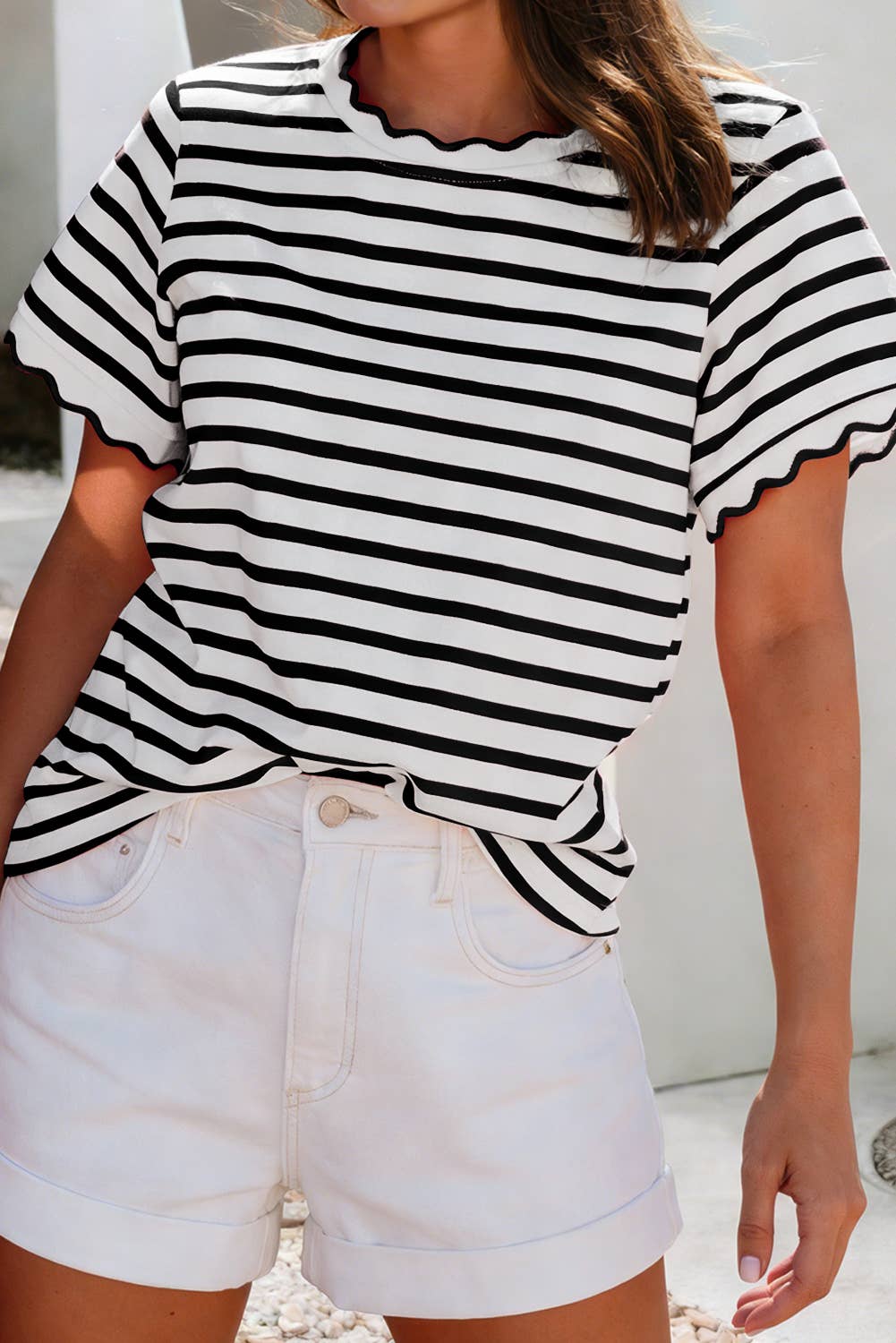 Spring Scalloped Trim Round Neck Stripe Top