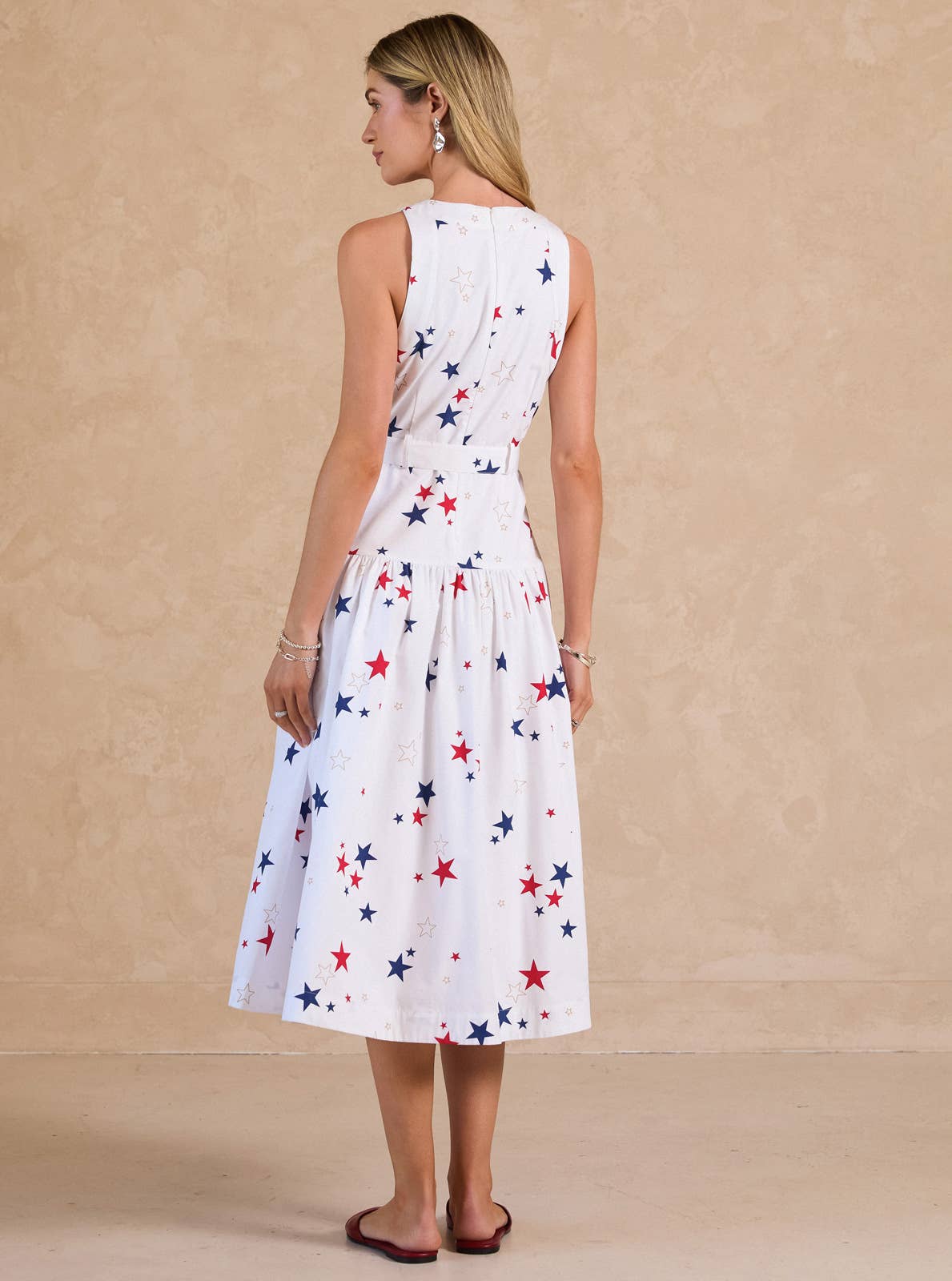 Star Printed Belted Sleeveless Midi Dress