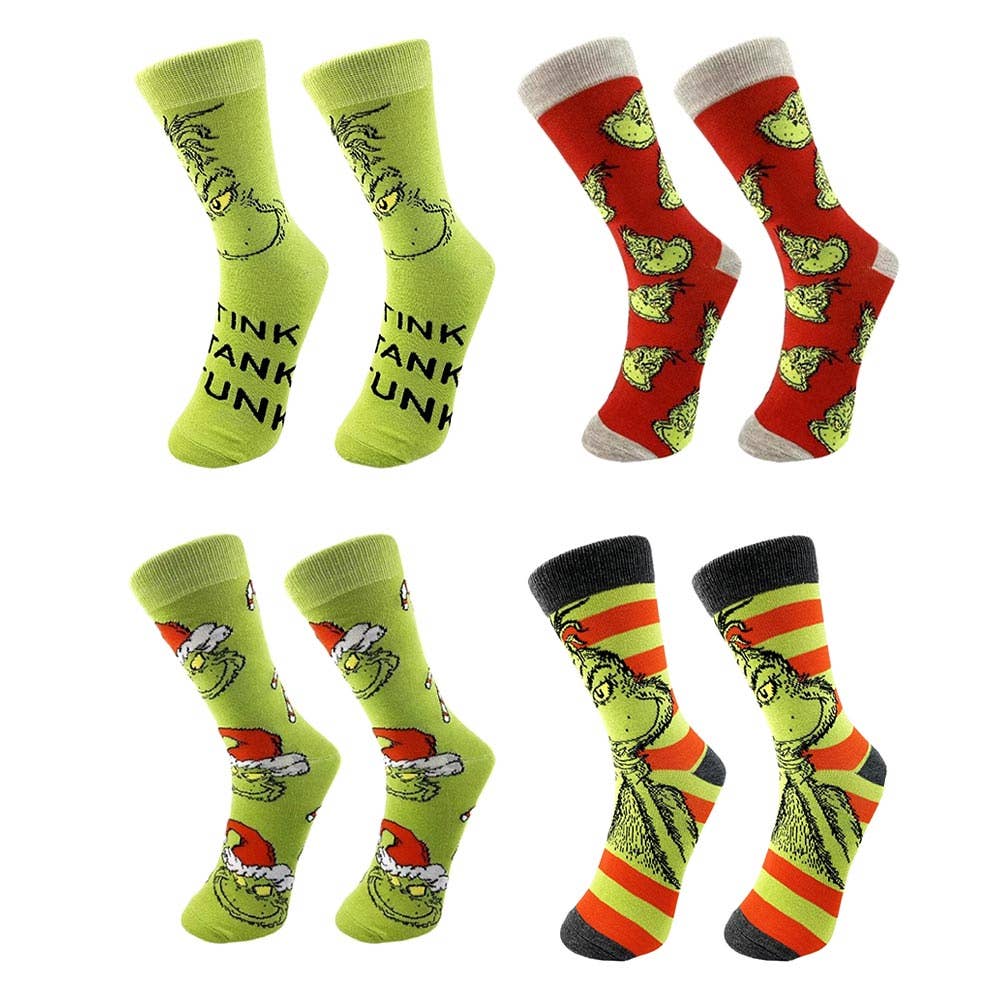 4Pairs - Holiday Grinch Character Printed Christmas Bundle Gift Socks Set