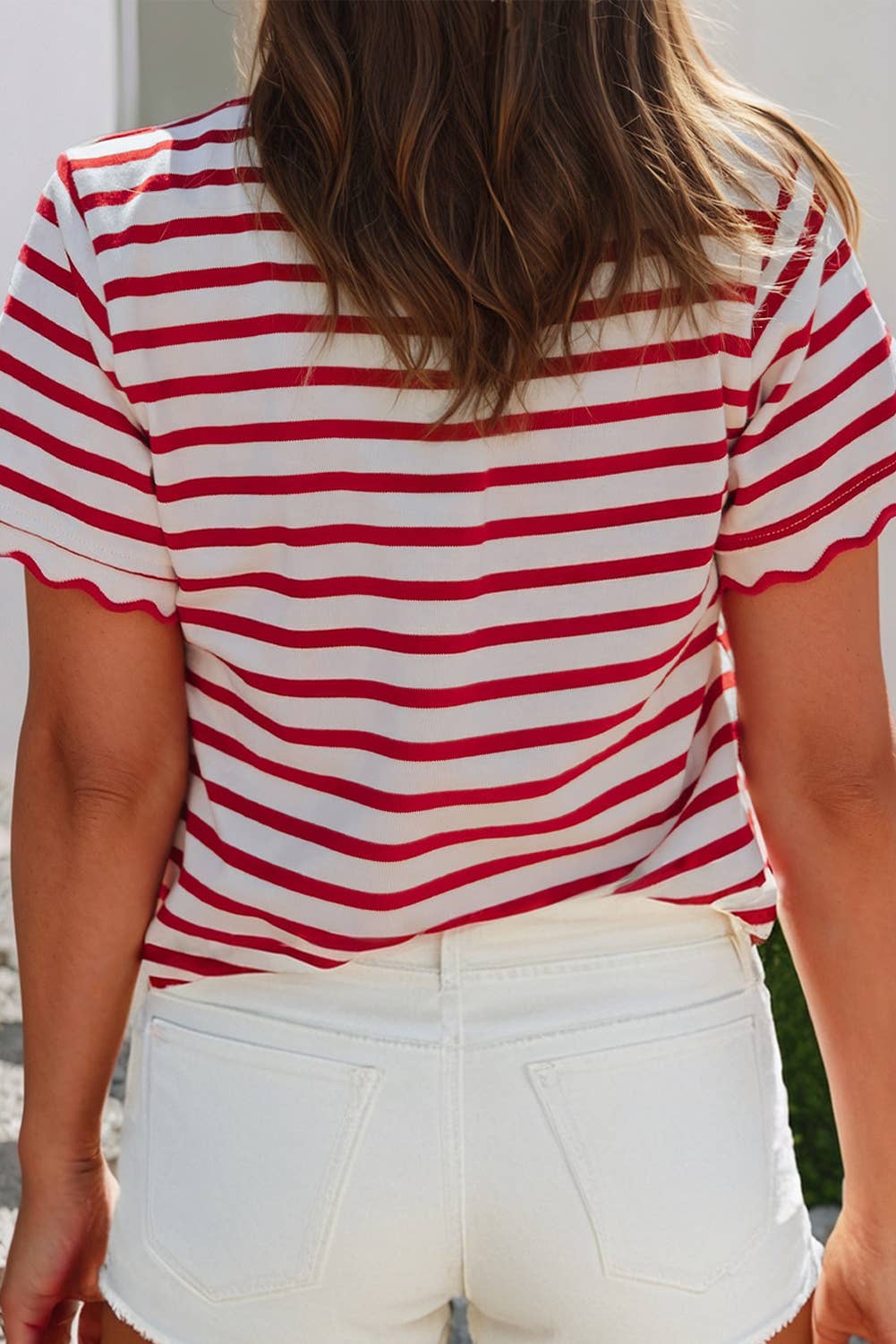 Spring Scalloped Trim Round Neck Stripe Top