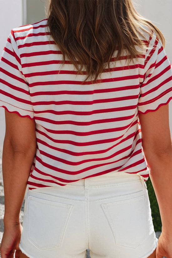 Spring Scalloped Trim Round Neck Stripe Top