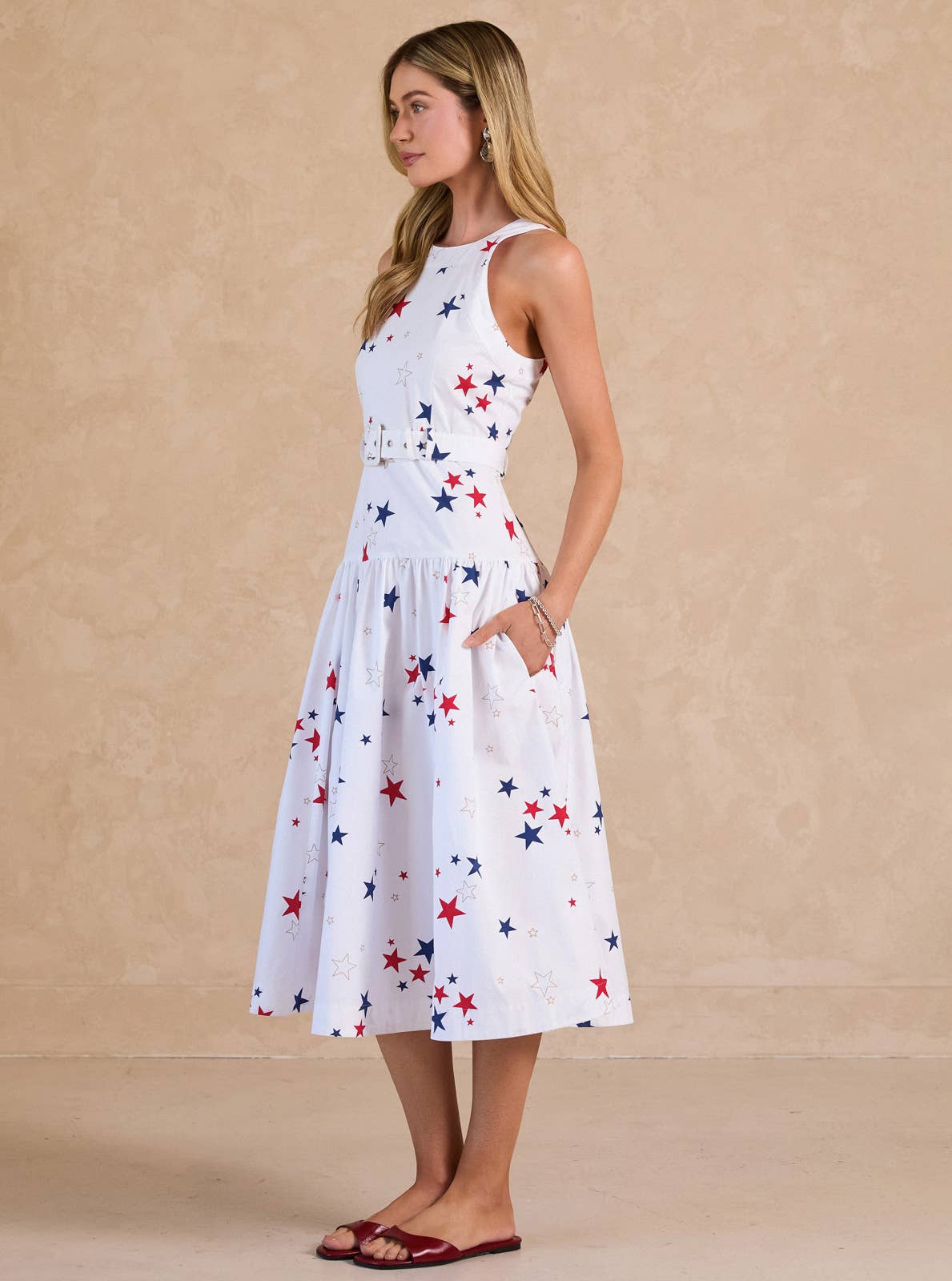 Star Printed Belted Sleeveless  Midi Dress