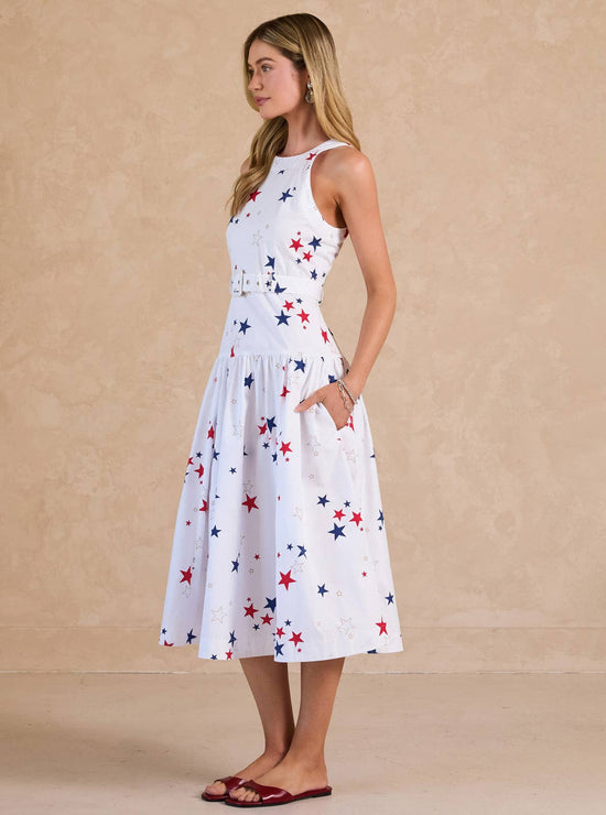 Star Printed Belted Sleeveless Midi Dress