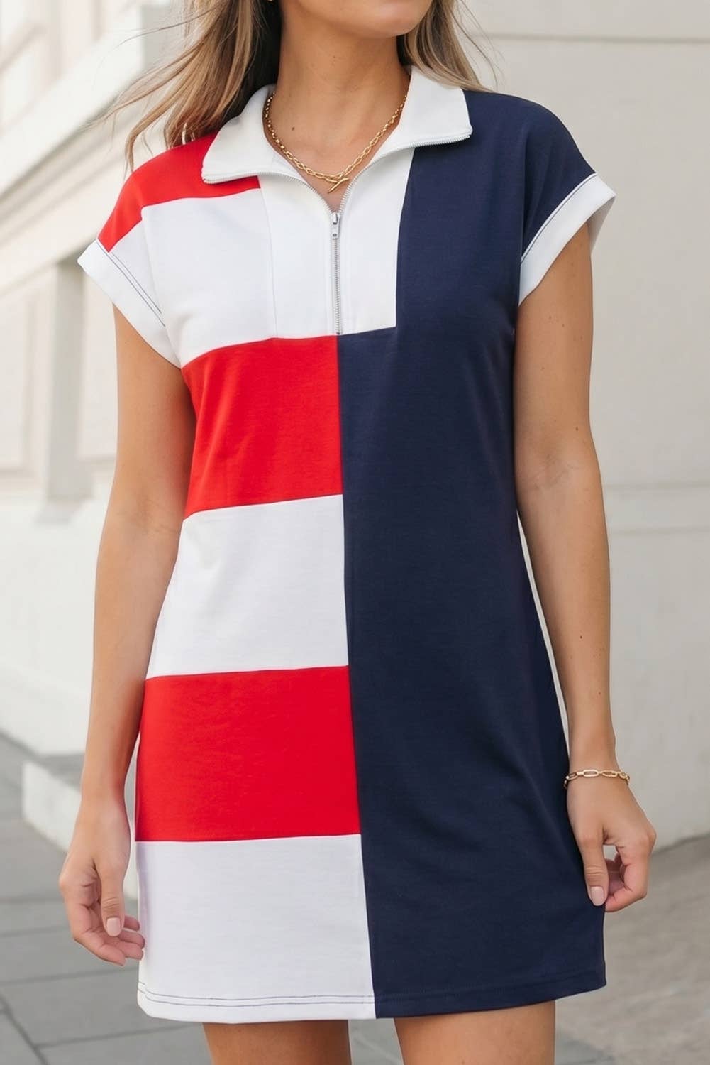 USA Flag Day Colorblock Zip Collared Mini Shirt Dress