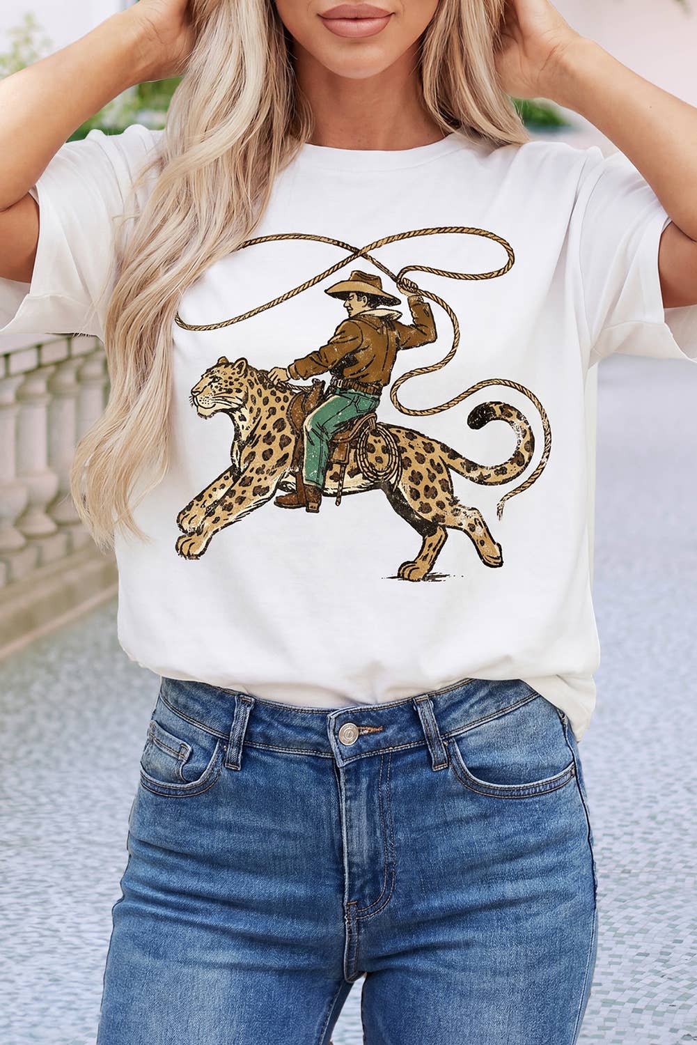 Western Leopard Rodeo Cowboy Graphic Casual Tee