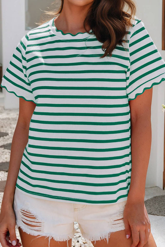 Spring Scalloped Trim Round Neck Stripe Top