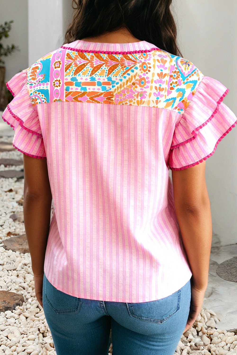 Boho Contrast Striped Patchwork Tiered Blouse